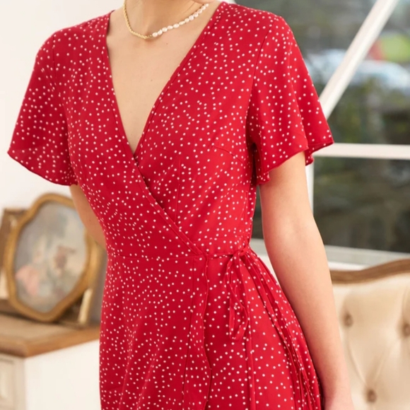 NWT Rihoas Red & White PolkaDot Wrap Midi Dress, Medium - Picture 8 of 17